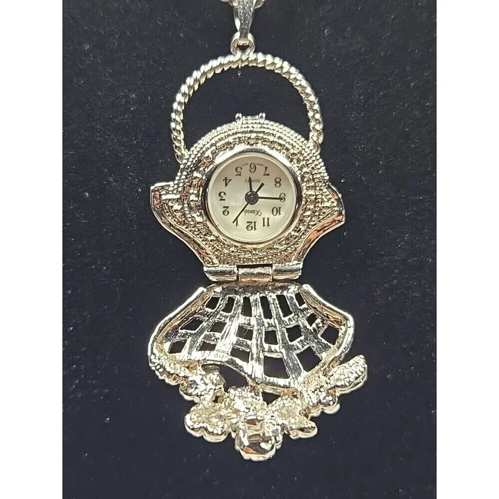 Xanadu Flower Basket Silver Tone Pendant Necklace Watch Quartz New Battery Rare